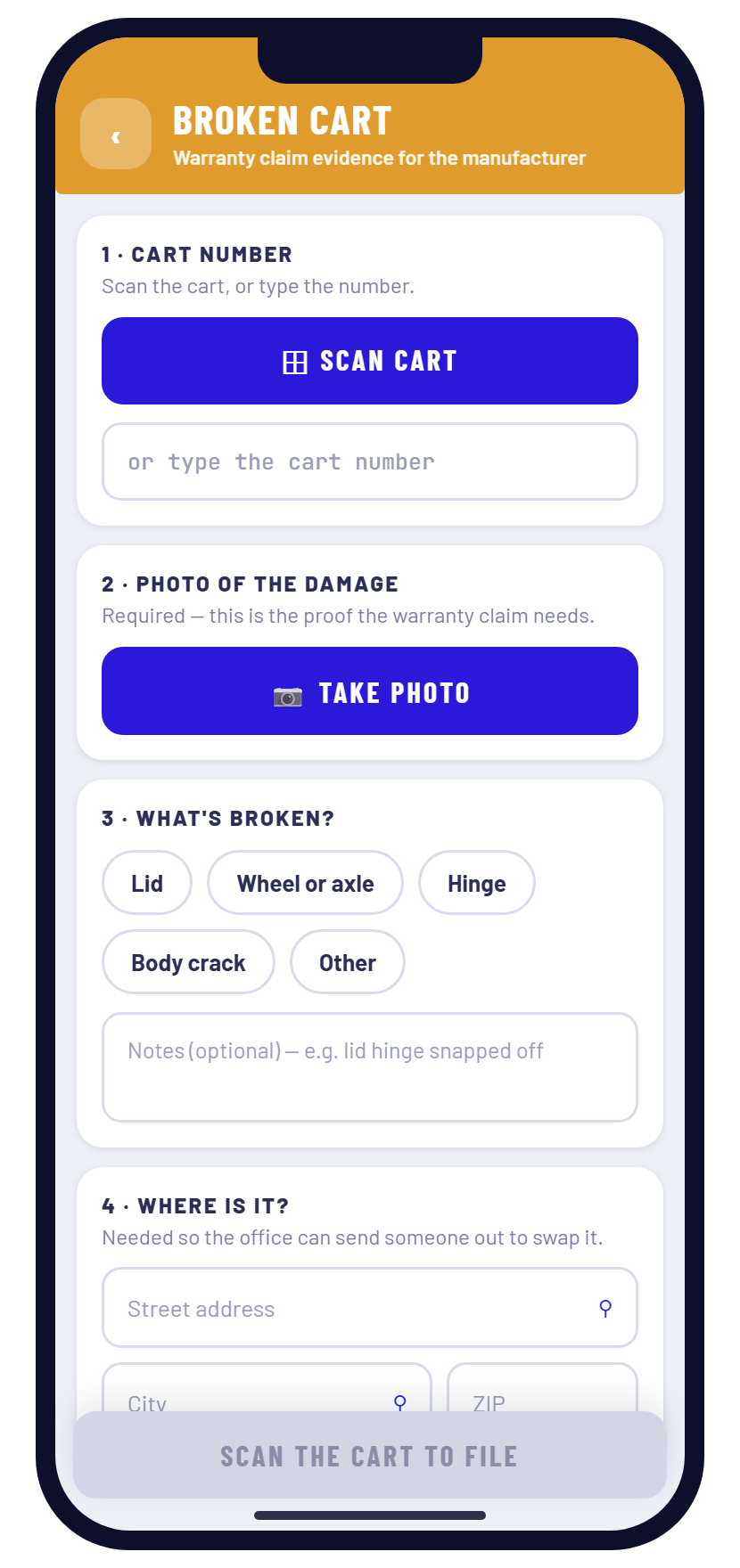 Cart-Flow driver app broken cart report: scan the cart, photo the damage, mark what broke and where