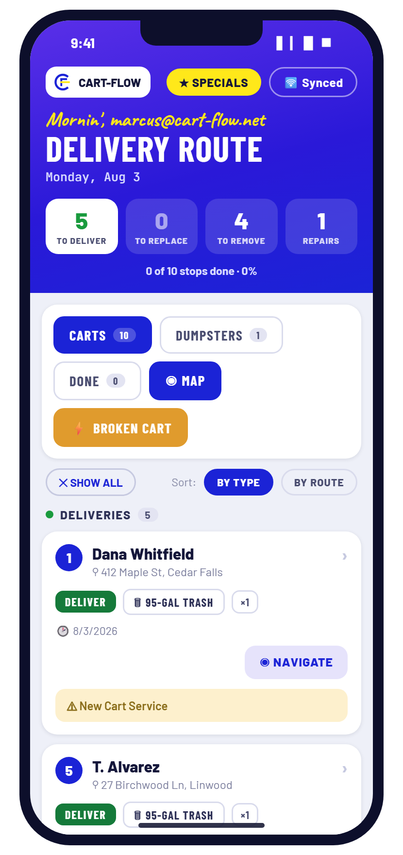Cart-Flow driver app route list: today's stops with cart type, quantity and a navigate button
