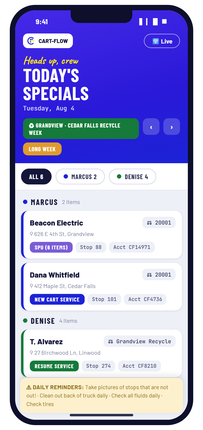 Weekly Specials on a driver's phone: today's specials grouped by driver with route, stop and account chips, and the daily reminders
